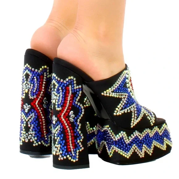 7.5 Azalea Wang Black LOLA Rhinestone Embellished Red Heart Platform Heels - Picture 3 of 5